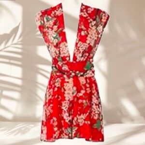 Floral Wrap Romper Dress in Red
